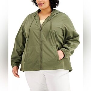 NWT Karen Scott Khaki Hooded Windbreaker Green Hooded Jacket; Size 1X